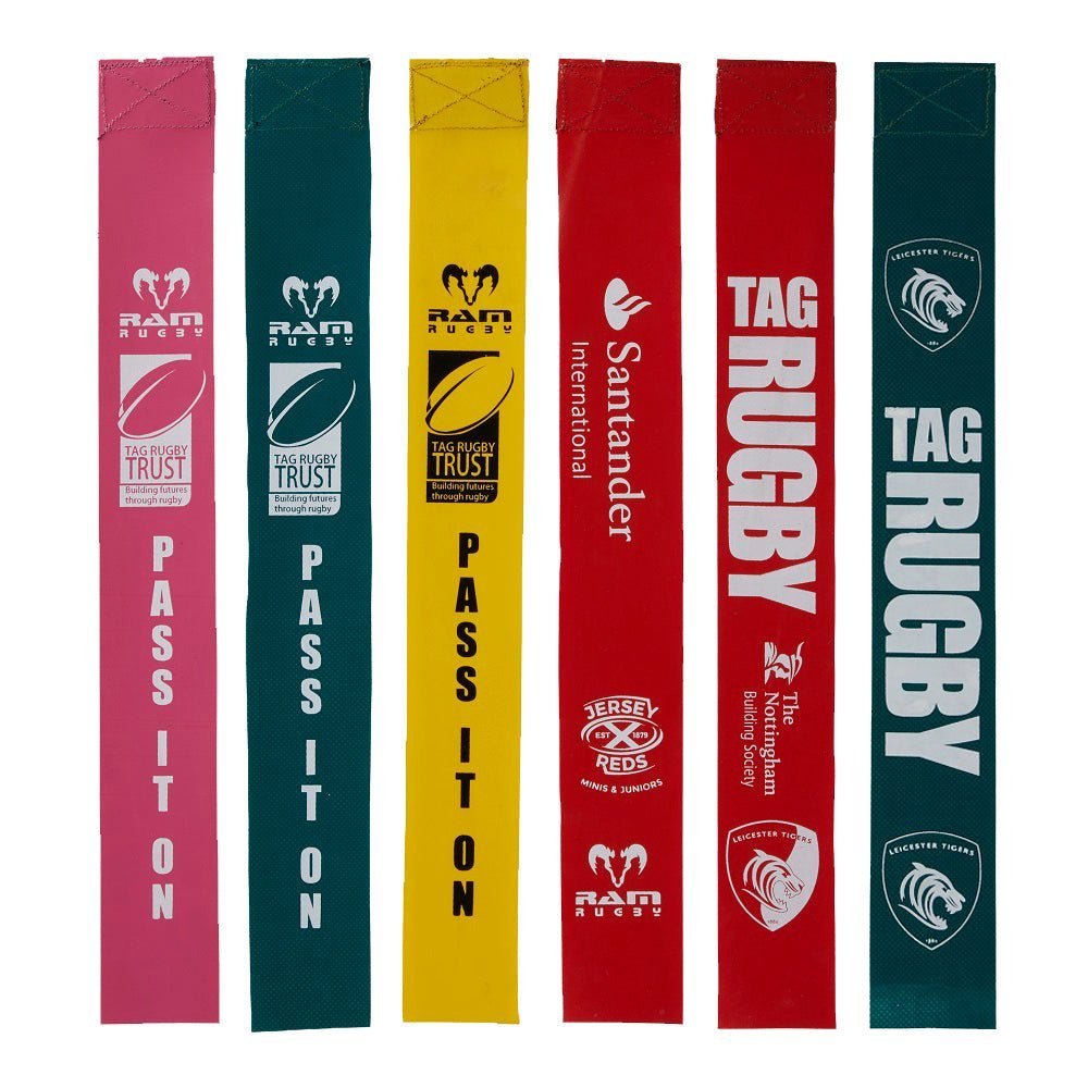 Ram Rugby custom numbered training bibs and tag belts with logo, vibrant colors, breathable mesh, and adjustable fit for sports.