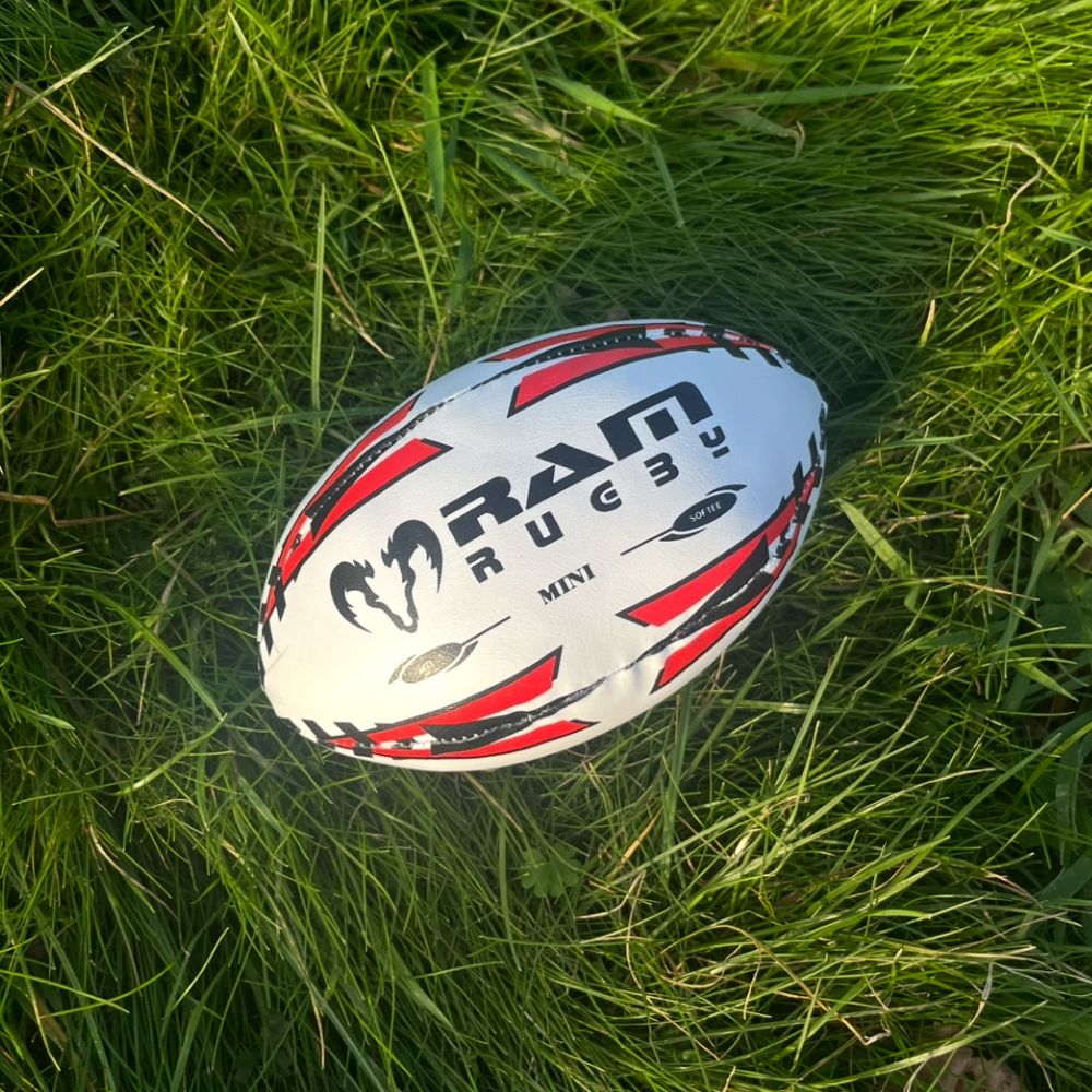 Ram Rugby Mini Softee 15cm soft PVC kids rugby ball in bright colors, size 1 for comfortable grip and fun play