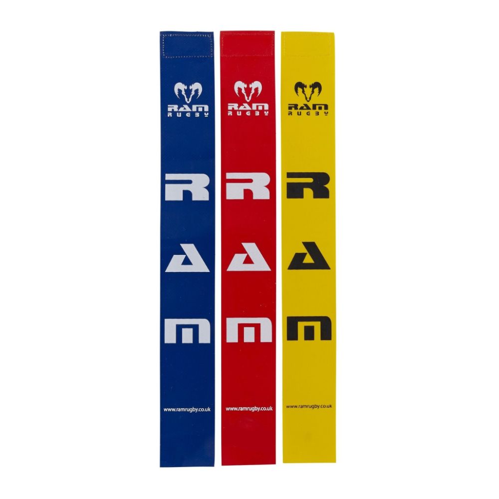 Ram Rugby 20-pack PVC tag rugby tags in red, blue, and yellow, durable 16" x 2" replacement tags for belts