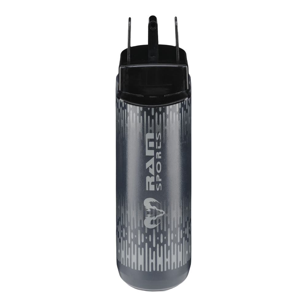Charcoal Ram Rugby hygienic water bottle 1000ml with zero-contact nozzle for safe, germ-free hydration during sports.