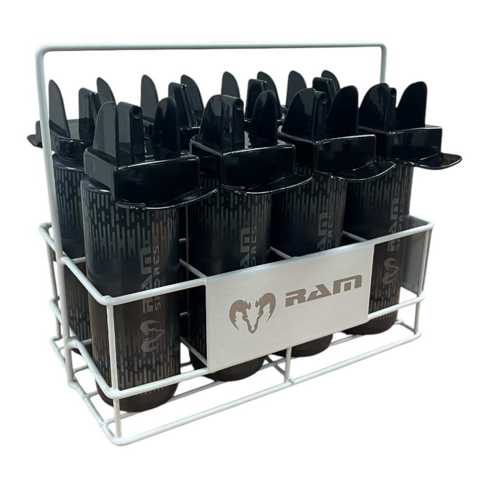 Ram Rugby 8-pack hygienic water bottles in a sturdy metal carrier crate, durable training hydration solution for teams