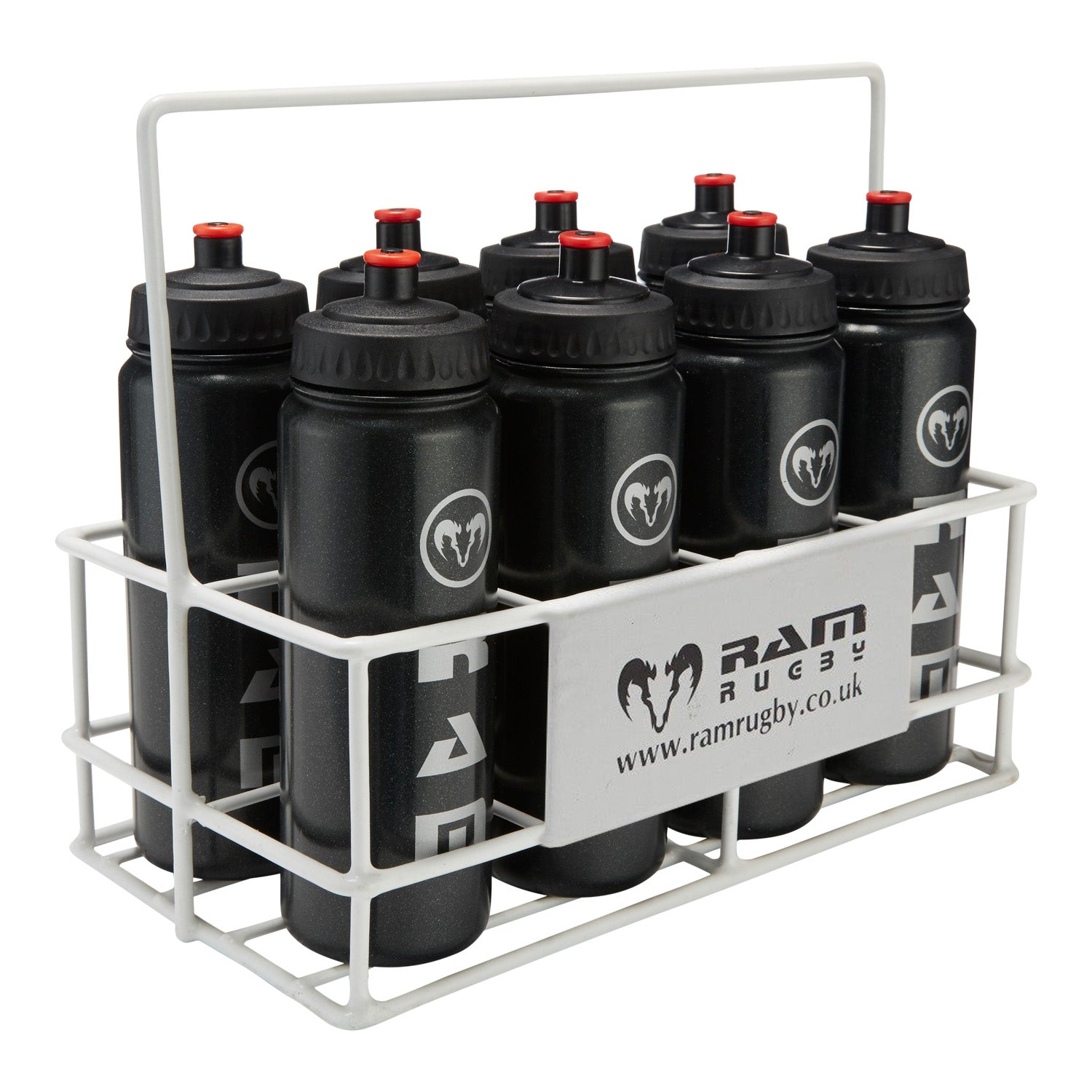 Ram Rugby 8 pack 750ml black water bottles with metal carrier crate designed for team sports hydration and training