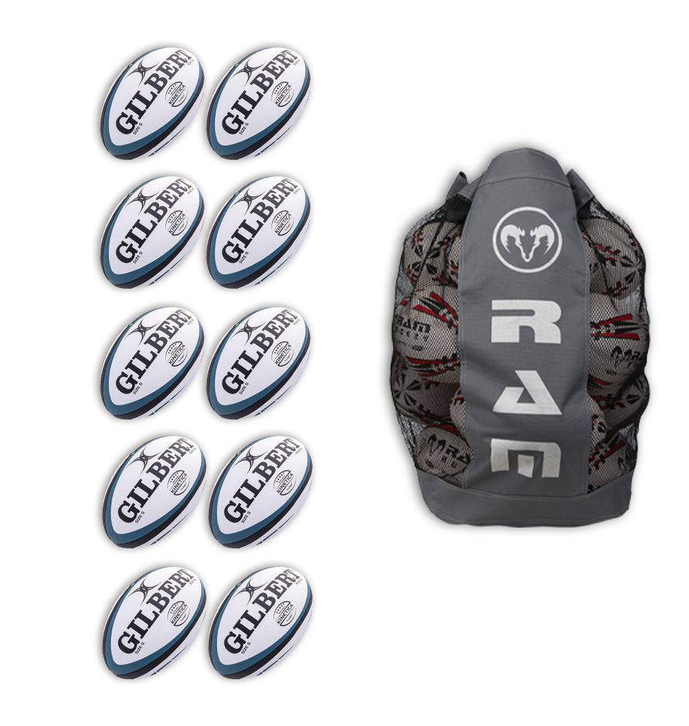 Ten Gilbert Kinetica rugby match balls stacked with a black breathable bag, designed for senior club rugby training.