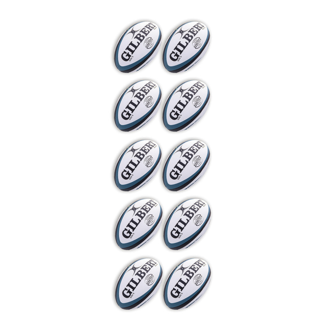 Gilbert Kinetica Rugby Match Balls bundle with 10 durable white and yellow balls and breathable carrying bag for club use