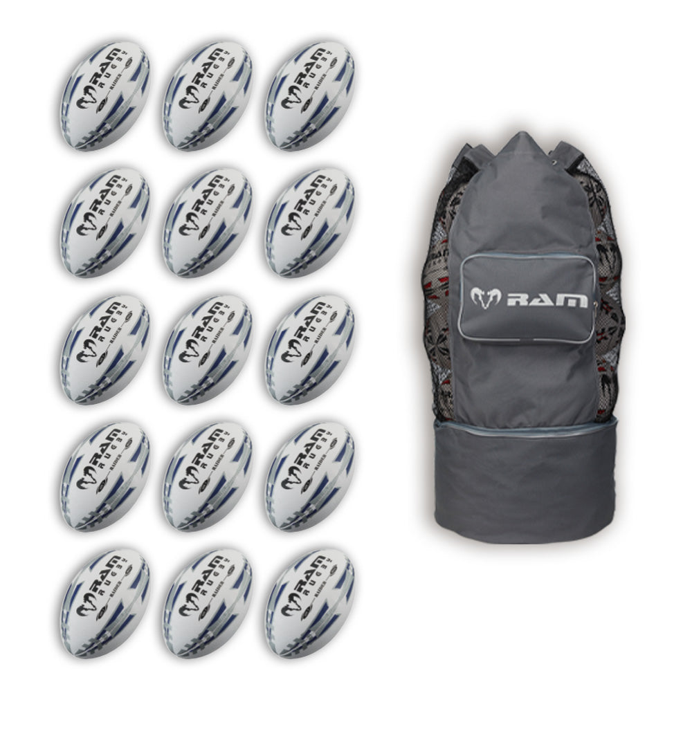 Fifteen Ram Rugby Raider 2.0 Black match rugby balls stacked with a breathable storage bag for ball bundle transport.