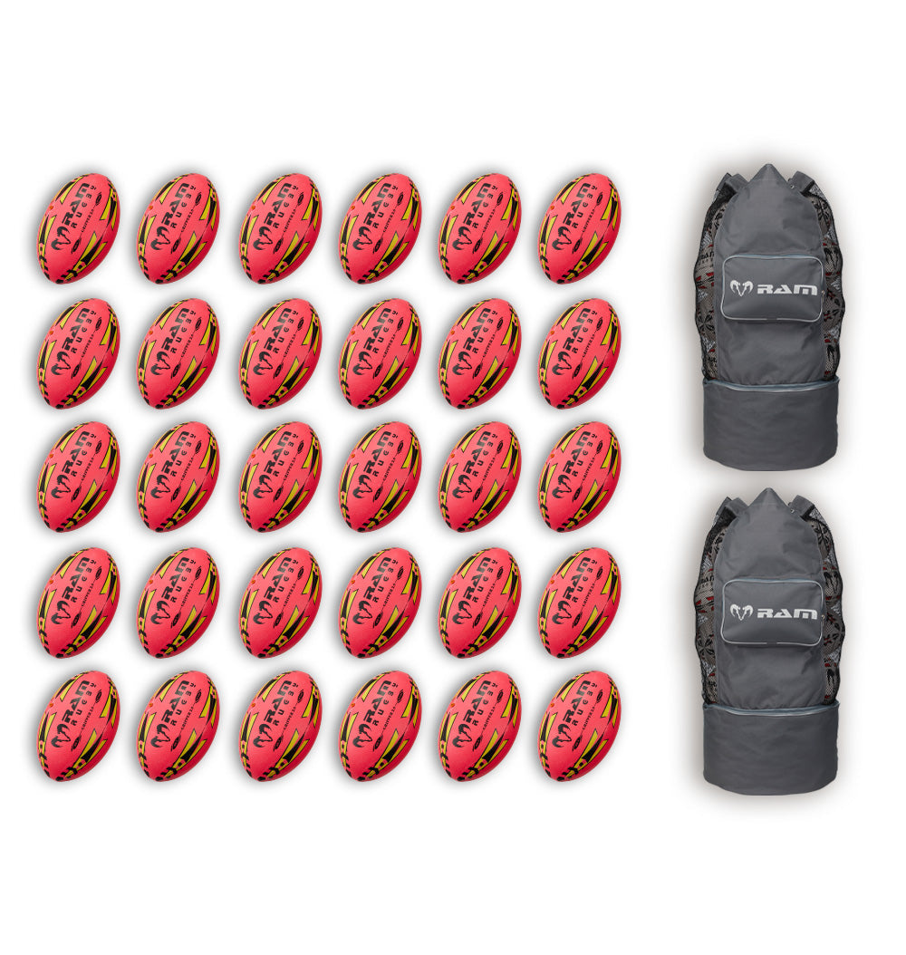 Thirty Ram Rugby Gripper 2.0 Pro Trainer Neon Pink rugby balls neatly arranged with two black breathable ball bags