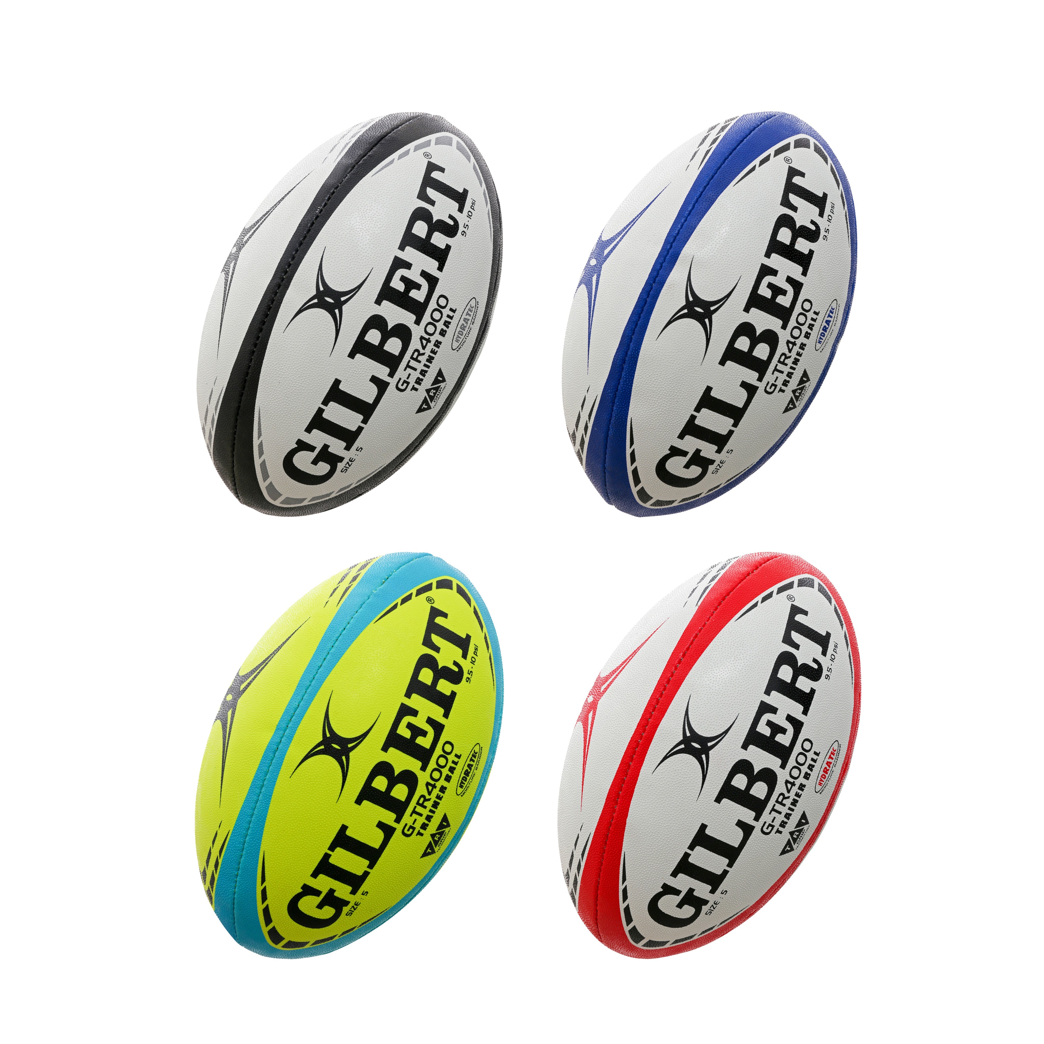 Gilbert G-TR4000 rugby training ball with durable grip, size 3-5, hand-stitched, water-resistant for all conditions