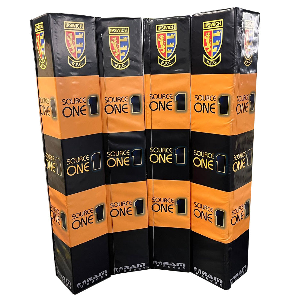 Set of 4 Ram Rugby custom digitally printed rugby post protectors in full-color, durable 8cm thick pads for safety.