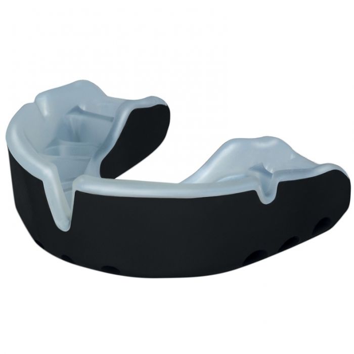 Close-up of Opro Gold Mouthguard in clear blue with flexible, cushioned design for rugby protection and comfortable fit