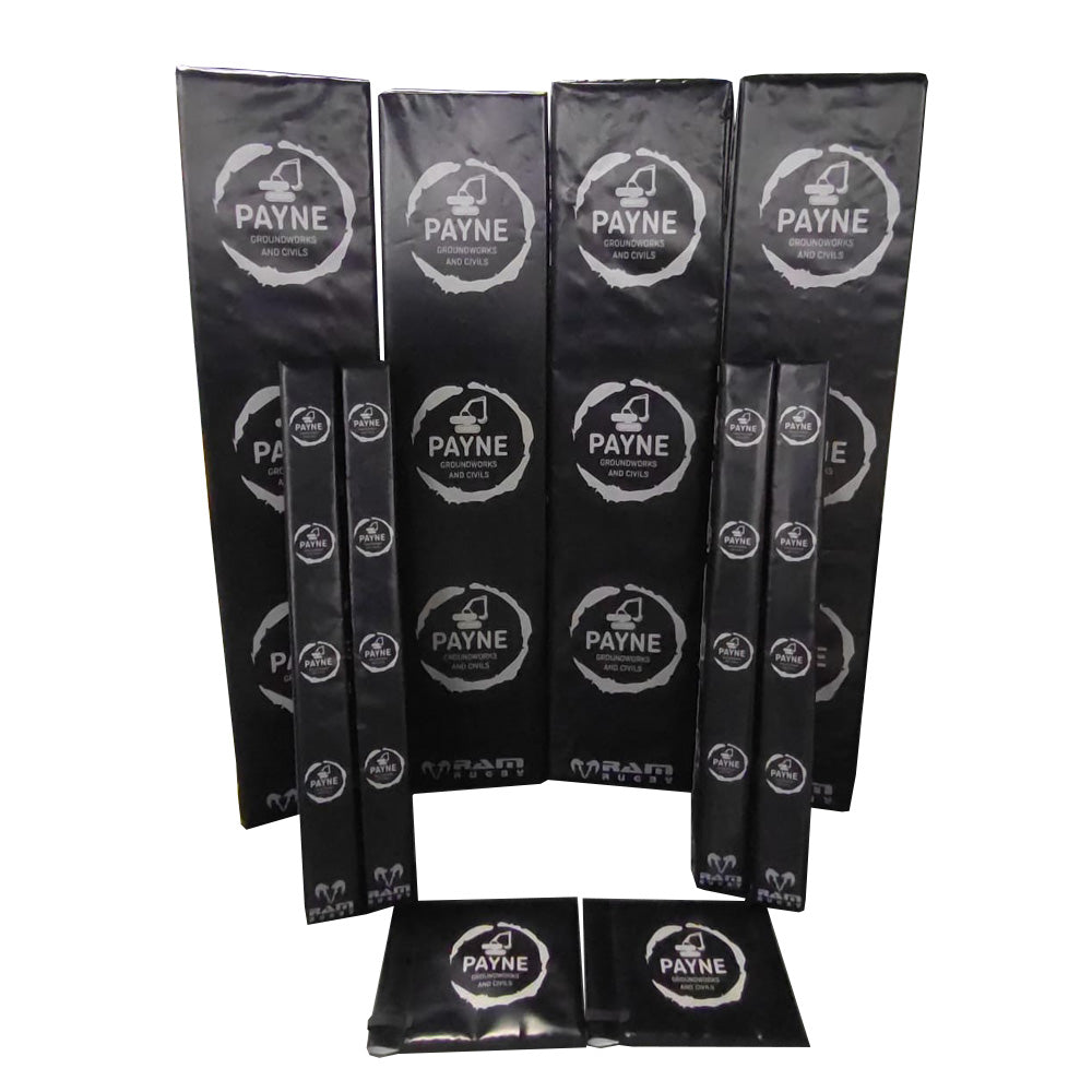 Ram Rugby custom digitally printed post protectors bundle showing four padded rugby goal post covers with vibrant branding designs