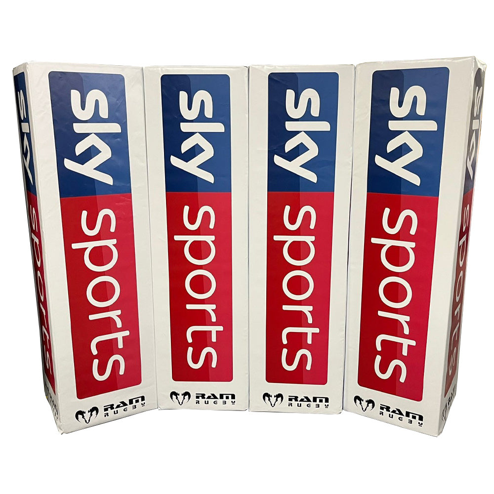 Set of four Ram Rugby custom digitally printed rugby post protectors in vibrant colors with durable padding and bold branding