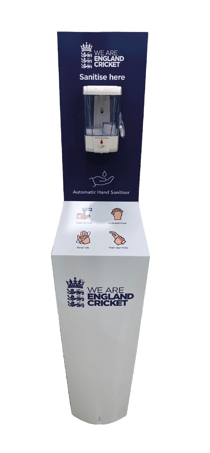 Ram Rugby Clenzi No-Touch Hand Sanitiser Station with 700ml dispenser, durable aluminium, stable free-standing design