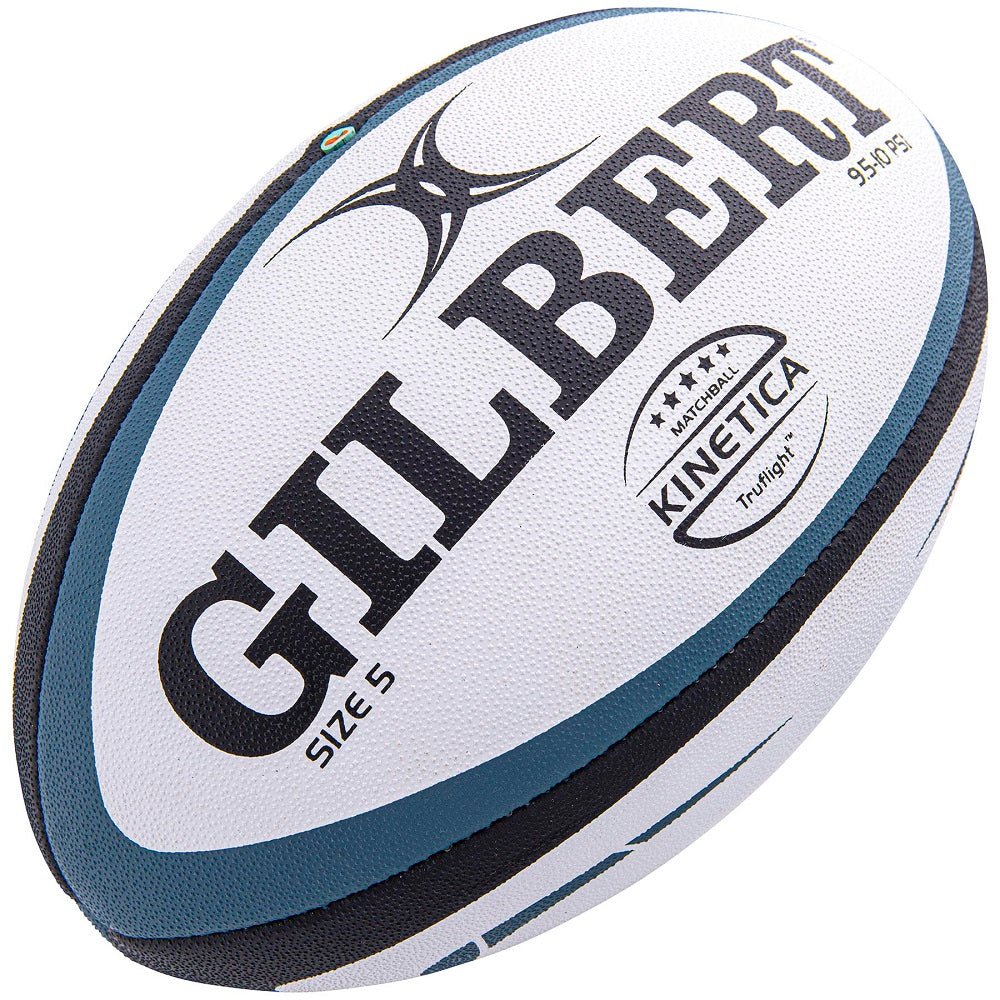 Custom Gilbert rugby balls by Ram Rugby featuring vibrant club logos printed on durable match-grade leather surface.