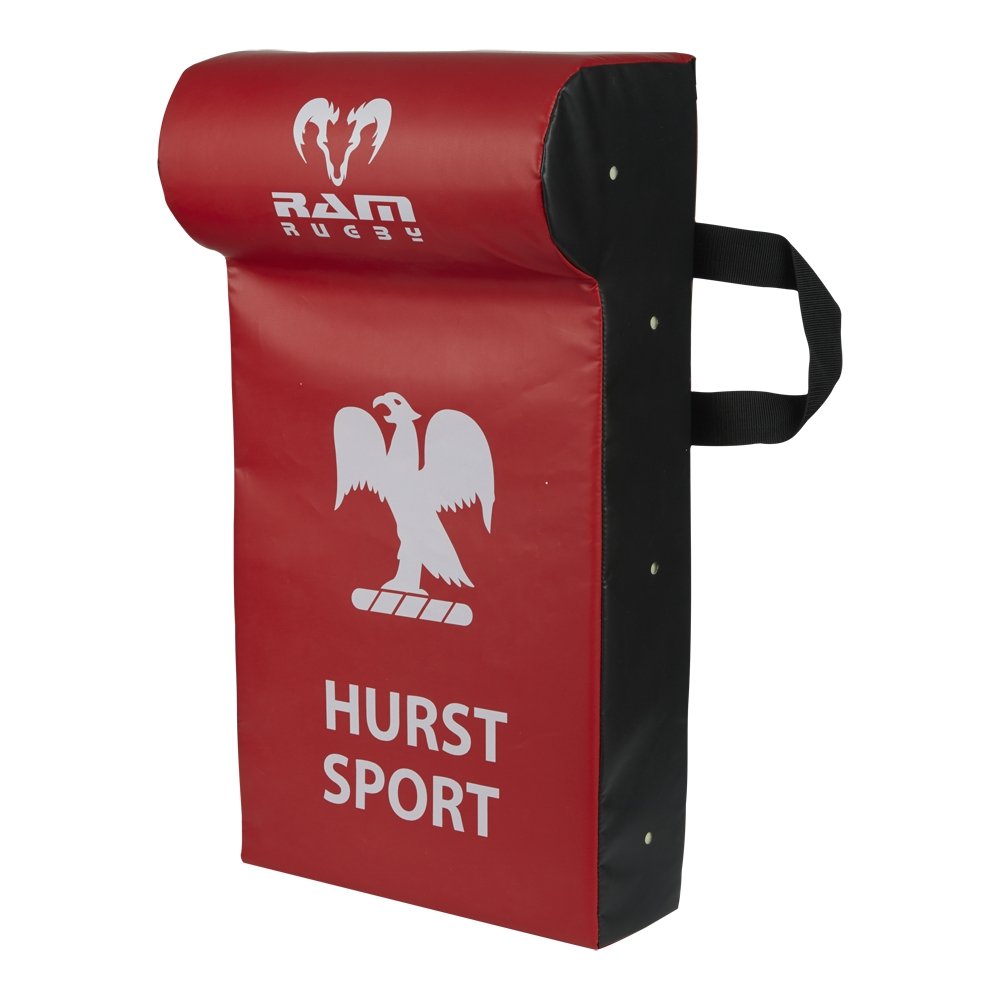 Ram Rugby custom hit shields in black and red with bold logo design, ideal rugby training equipment with 5 week delivery