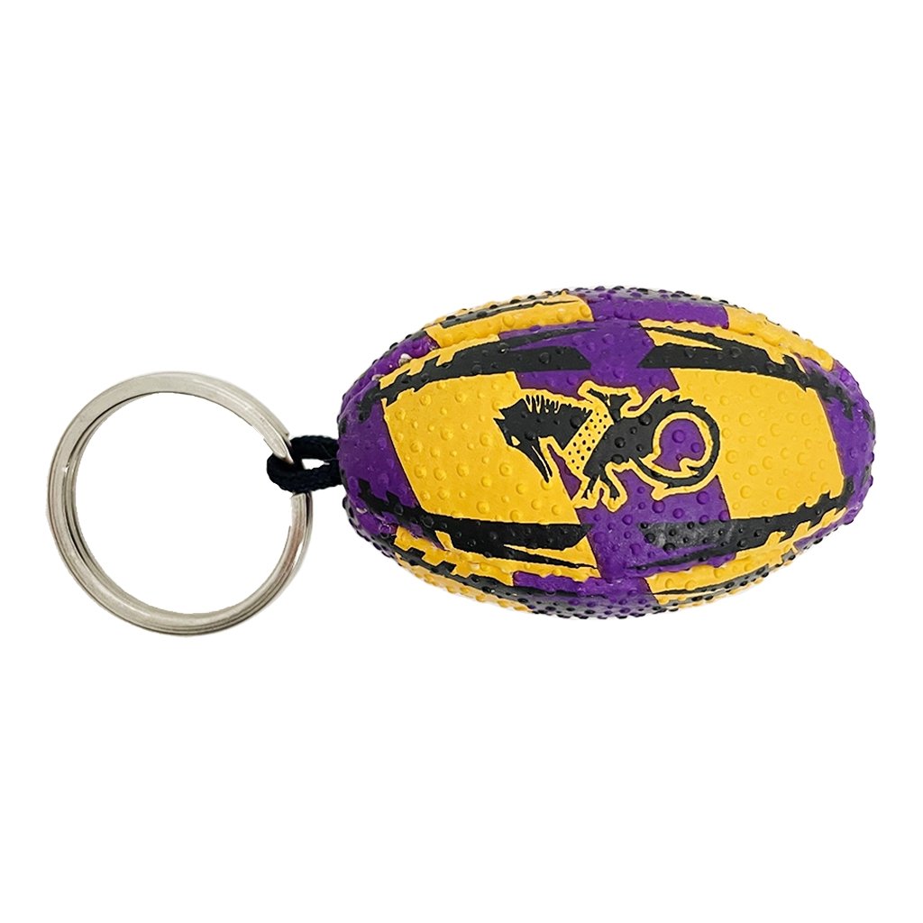 Ram Rugby custom printed rugby ball keyrings in rubber and softee styles, featuring club logo, perfect promotional gifts