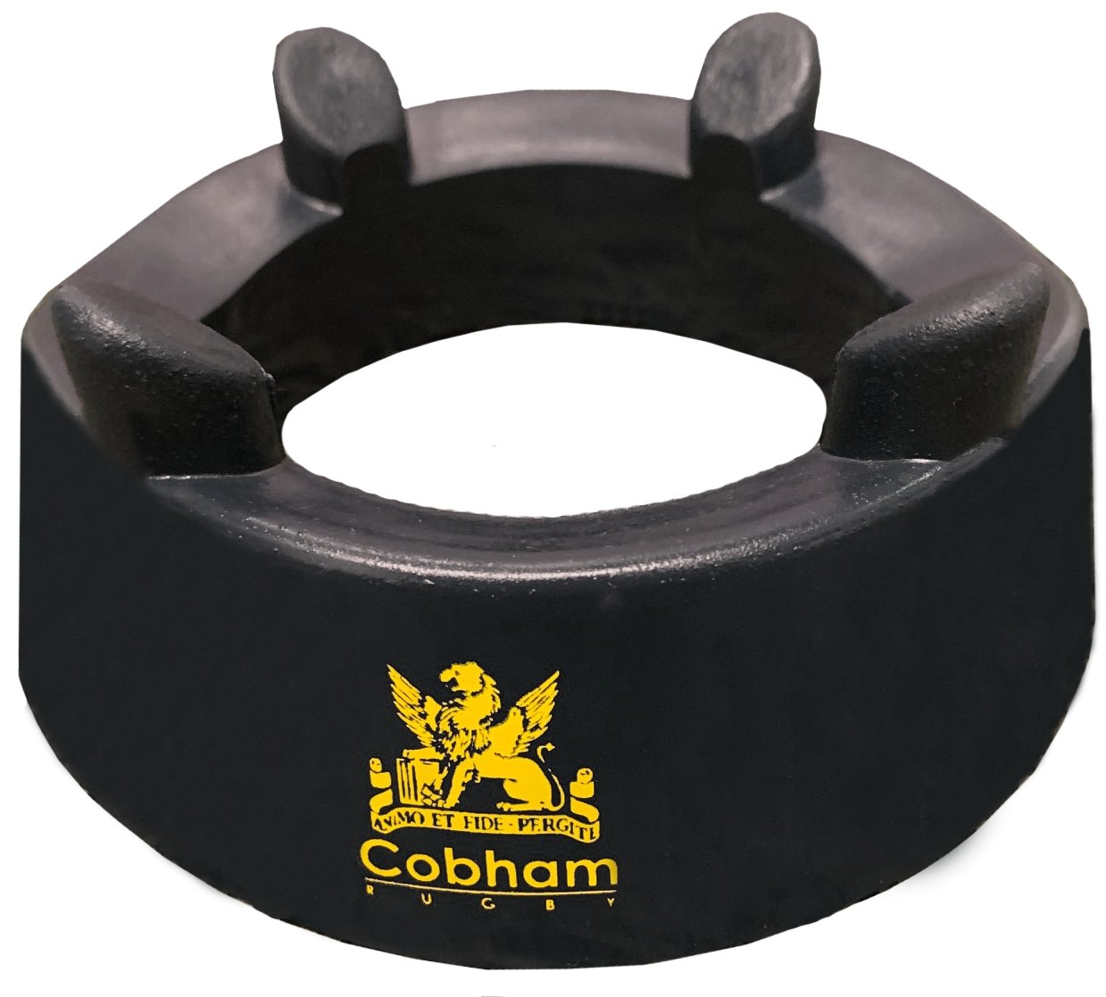 Ram Rugby Custom Kicking Tee in black rubber, traditional rugby kicking tee personalized for club or school use