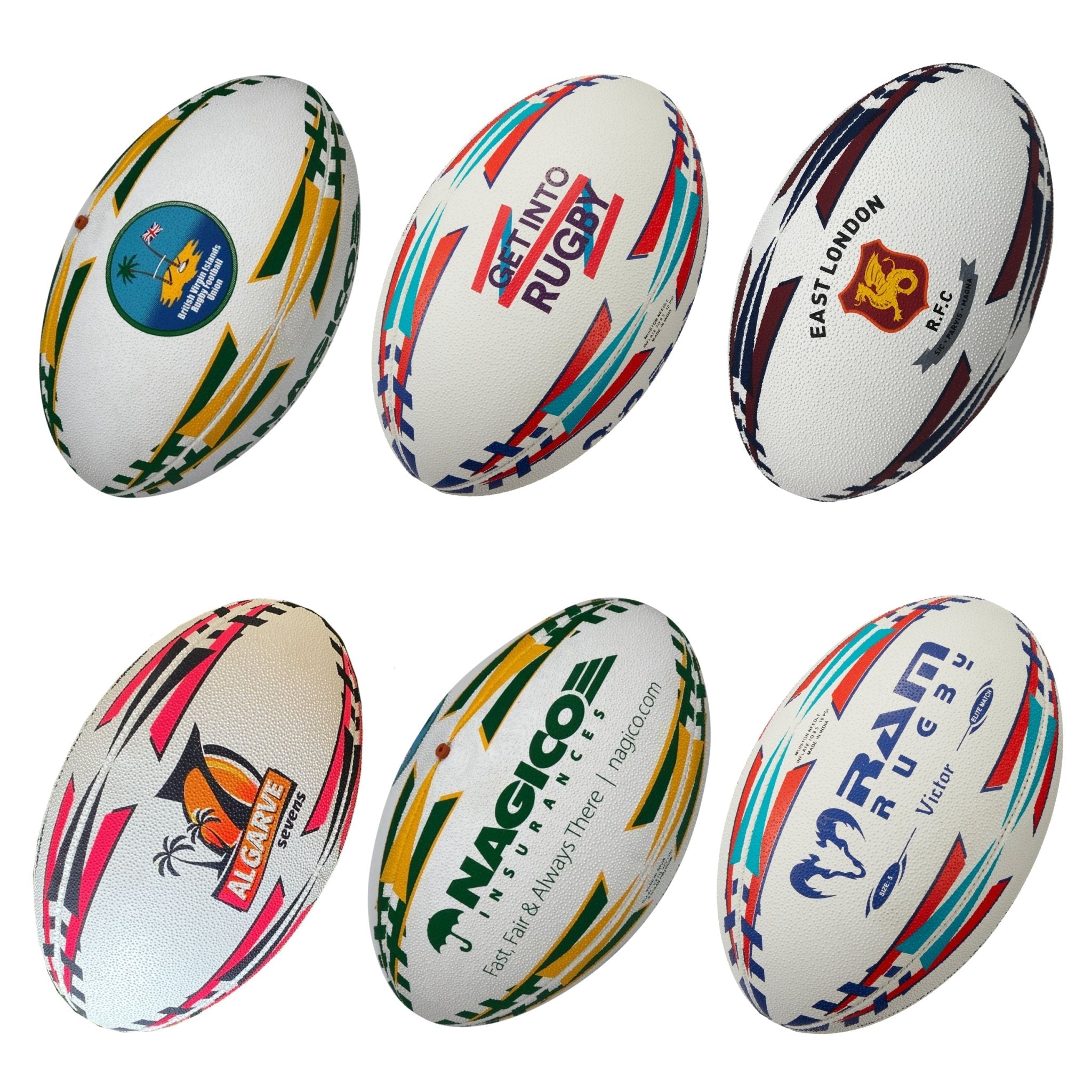 Ram Rugby custom printed Victor Raider Touch rugby balls in white with logos, ideal for clubs, schools, and sponsors.