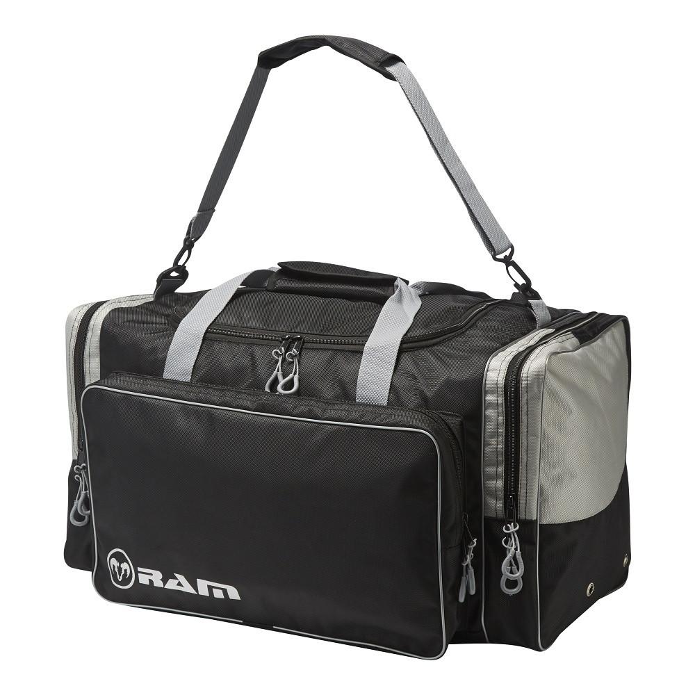 Ram Rugby Custom Pro Players Kit Bag 75cm in black Cordura with embroidered logo, padded strap, and durable zippers for rugby players