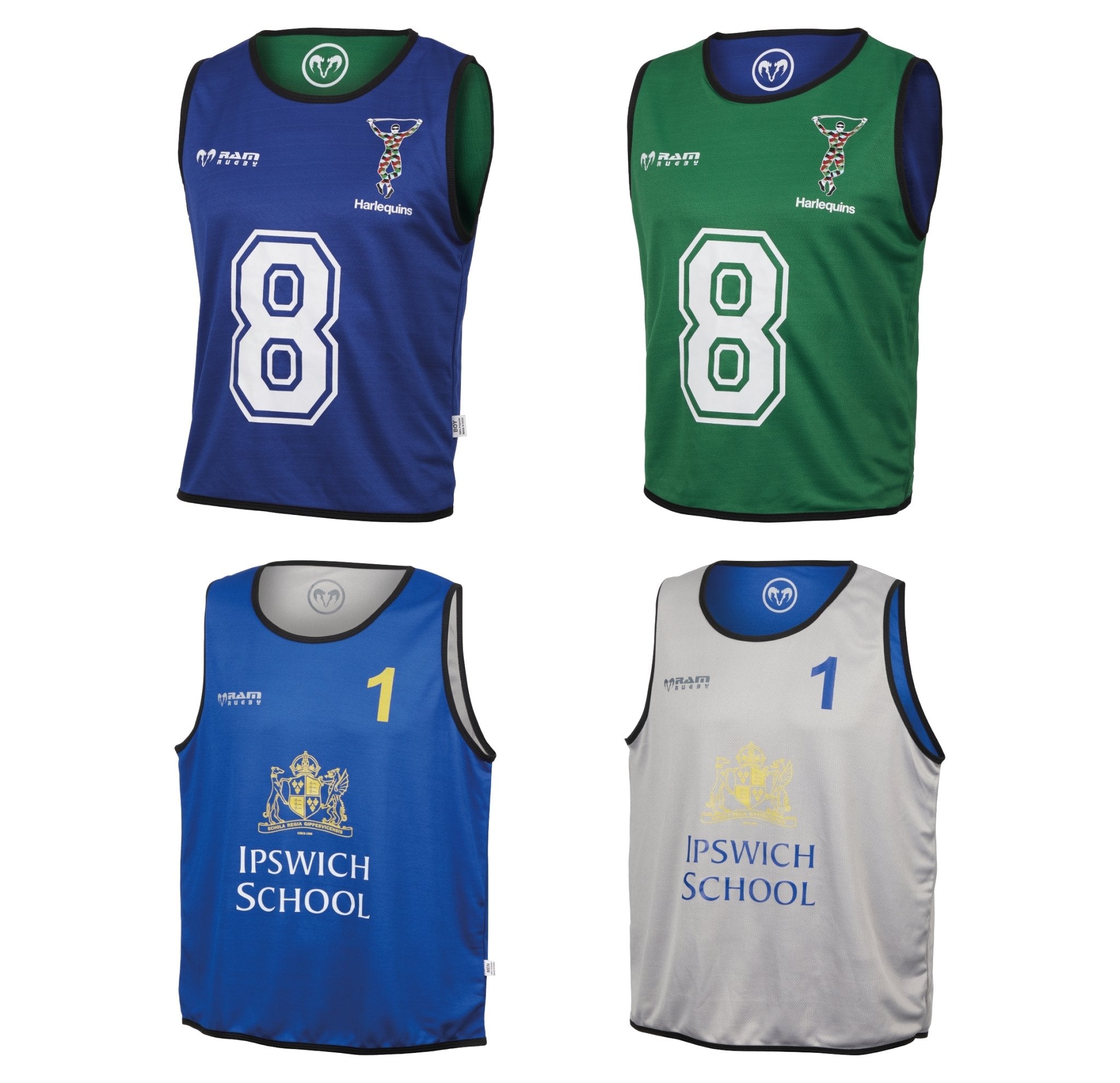 Ram Rugby custom reversible contact training bibs in bright blue and red, featuring logo printing and durable fabric design