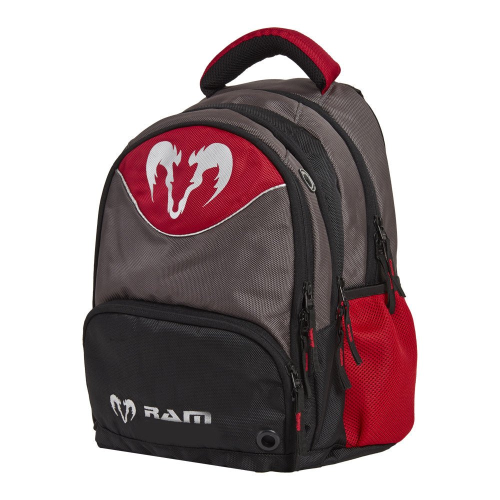 Ram Rugby Custom Ruck Sack Kit Bag in black Tetron with padded straps, bottle holder, and embroidered logo for rugby players