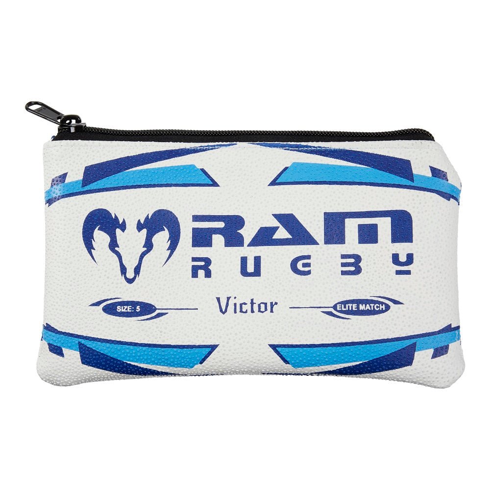 Ram Rugby custom rugby ball pencil case showing durable black rubber grip with textured rugby ball design and cotton lining