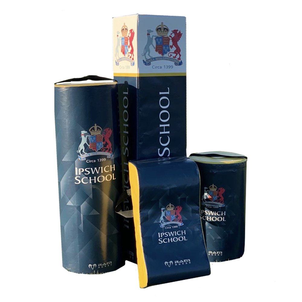 Ram Rugby custom blue and black tackle bag with dual handles and reinforced stitching, UK made for professional rugby training