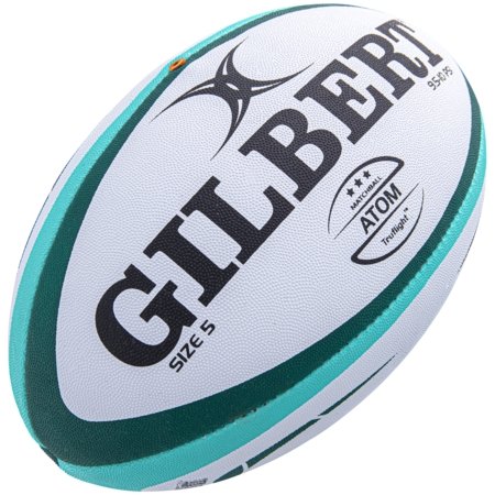 Gilbert Atom rugby match ball in white and orange with Truflight valve and durable G-SR rubber grip for consistent play