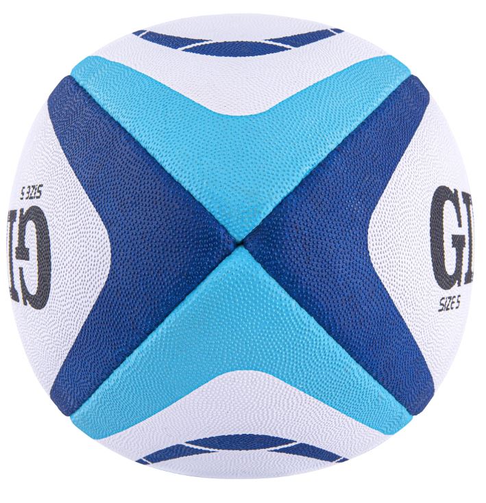 Ten Gilbert Atom size 5 match rugby balls arranged with the black breathable Gilbert ball bag on a white background