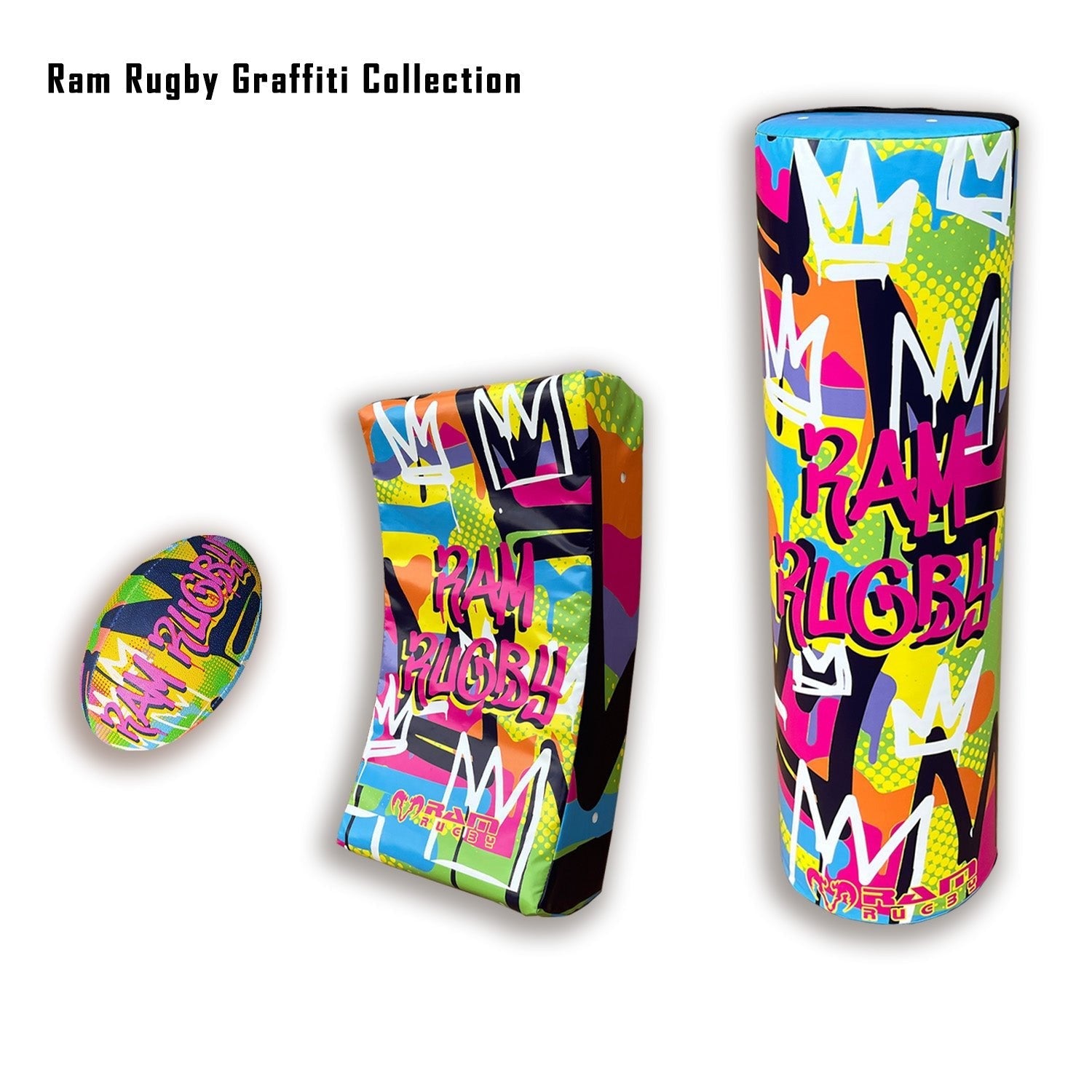 Ram Rugby Graffiti Design Hit Shield showing curved water-resistant PVC surface for versatile rugby training contact.