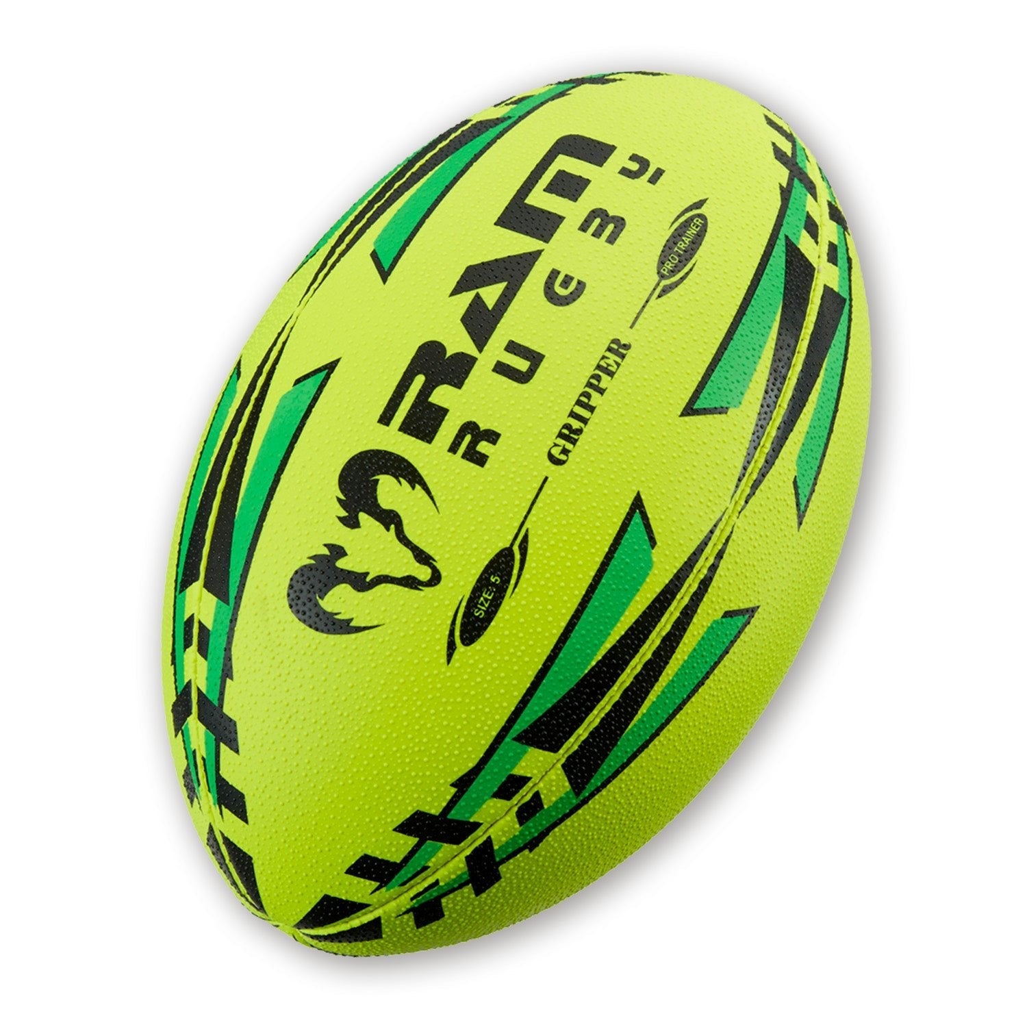 Ram Rugby Gripper 2.0 Neon Pro Trainer Ball in vibrant yellow with 3D grip texture, designed for junior rugby training sessions