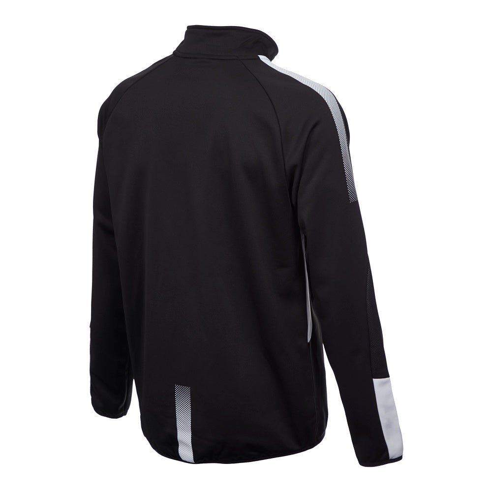 Men wearing Ram Rugby Edge Midlayer 1/4 Zip lightweight thermal sweatshirt in black, featuring high collar and side pockets