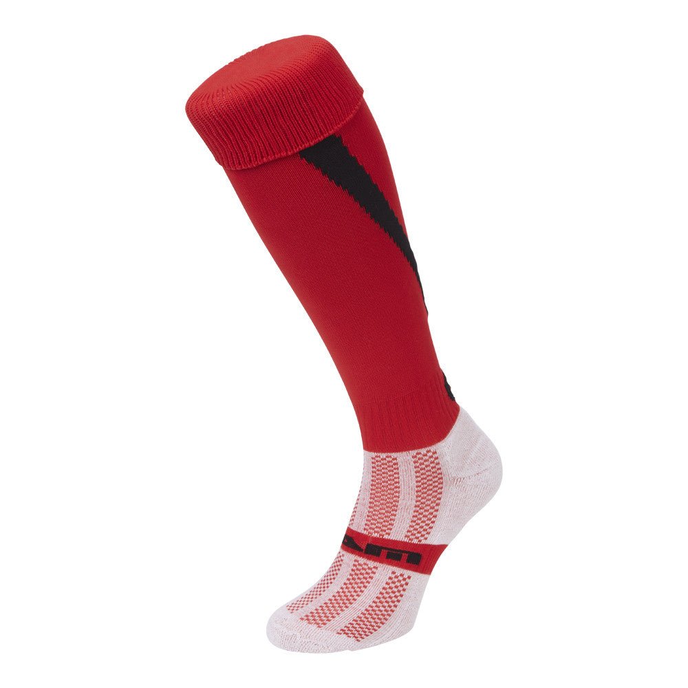 Ram Rugby Protec rugby socks in black with red and white stripes, featuring breathable micro-mesh knit and cushioned sole.