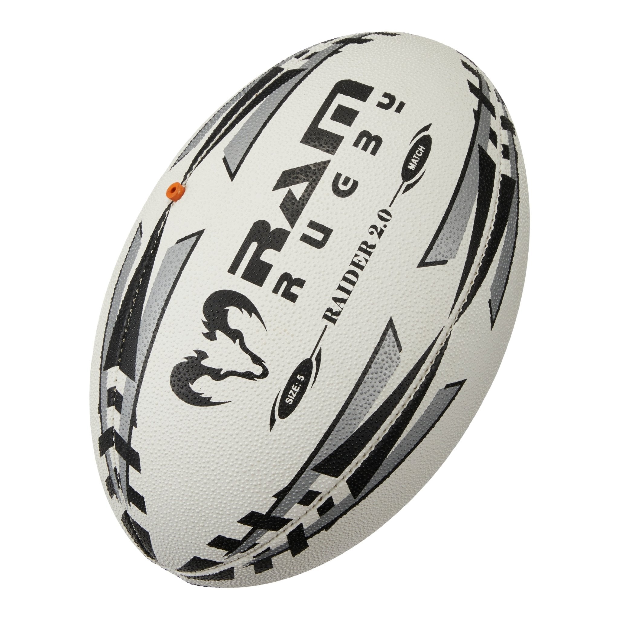 Ram Rugby Raider 2.0 durable match ball in white and blue, designed for training and competitive rugby games