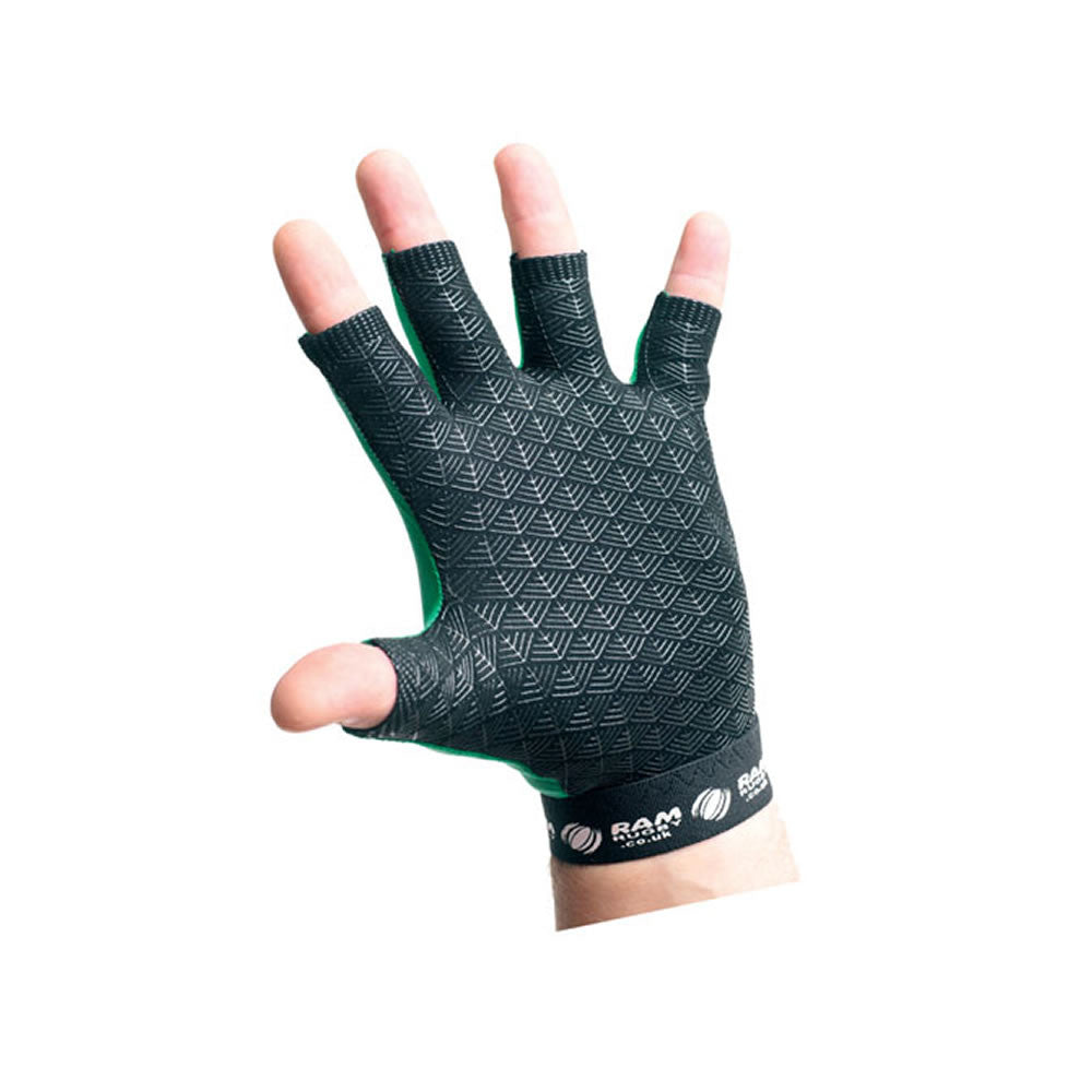 Ram Rugby black grip mitts with rubber palm, cotton lycra fabric designed for warm, secure rugby ball handling in cold weather