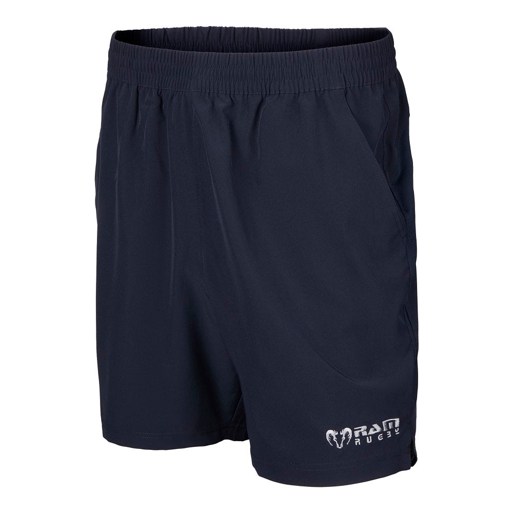 Navy Ram Rugby gym shorts made of lightweight 120gsm stretch polyester with pockets, designed for training and sportswear