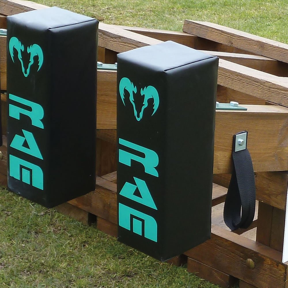 Set of four black Ram Rugby replacement scrum machine pads for Junior and Senior models, designed for rugby training equipment.