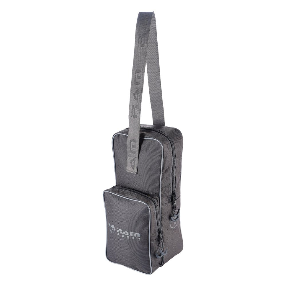 Ram Rugby Grey single compartment rugby boot bag made from durable Tetron material with a front zipped pocket