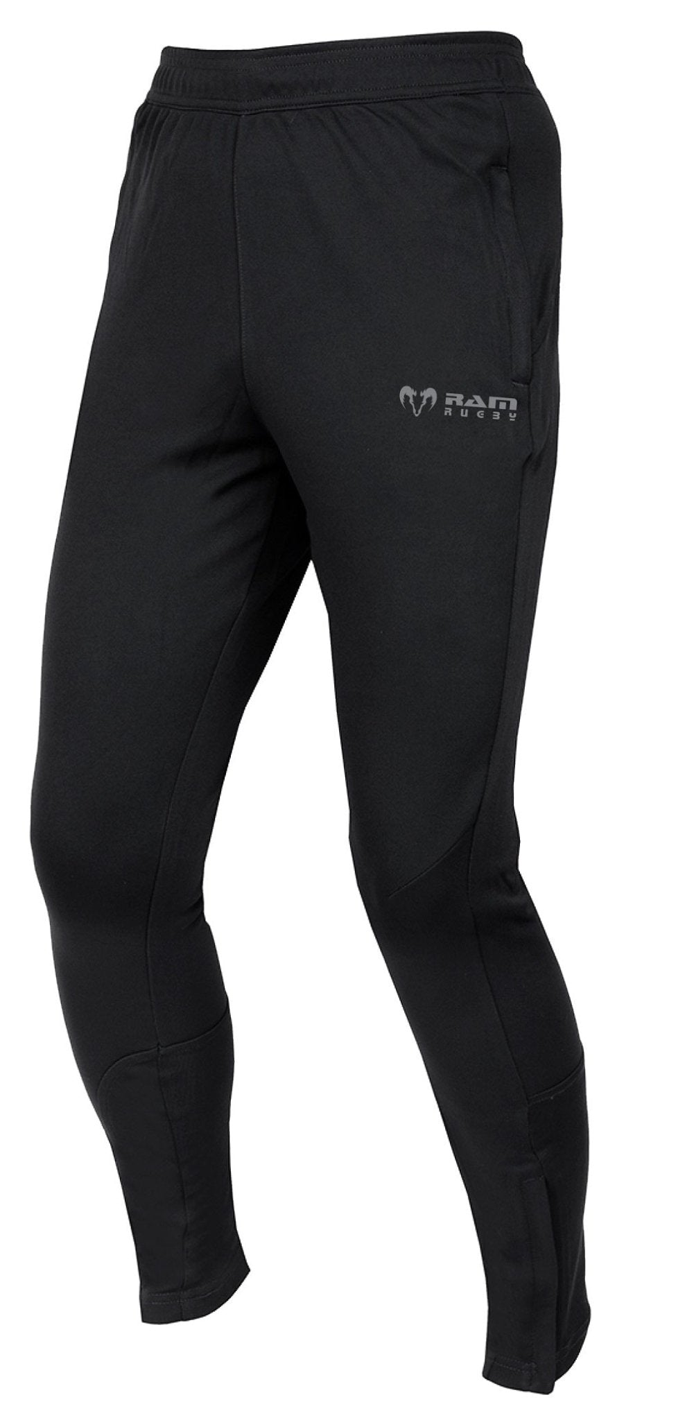 Ram Rugby navy skinny tracksuit pants with black side zips, tapered fit, polyester fabric, and embroidered logo detail