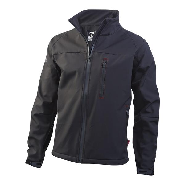 Ram Rugby black softshell jacket with waterproof breathable fabric, full zip, chest and side pockets for storage