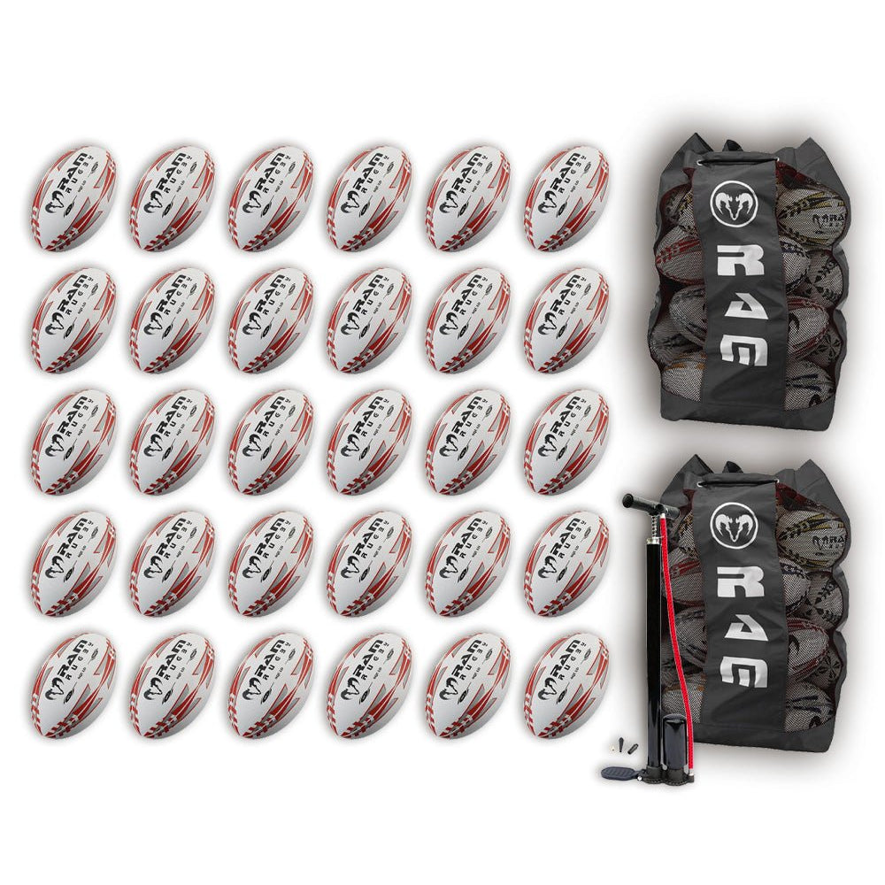 Thirty Ram Rugby Squad Trainer size 5 balls stacked with two large breathable ball bags for rugby training storage bundle