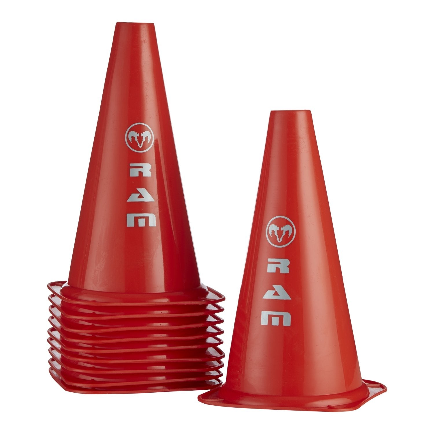 Set of 10 Ram Rugby 12-inch durable orange plastic training marker cones with a drawstring carry bag for sports drills