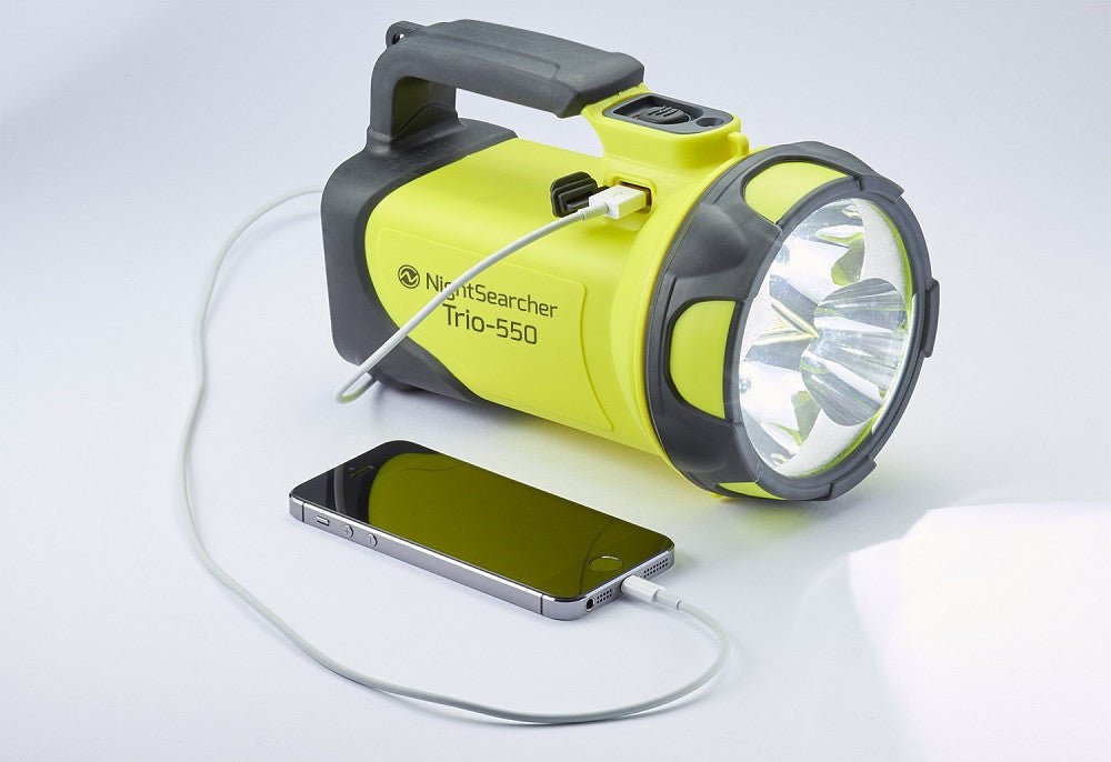 Nightsearcher Trio-550 rechargeable LED hand lamp in black with ergonomic grip, high-power outdoor searchlight with water resistance