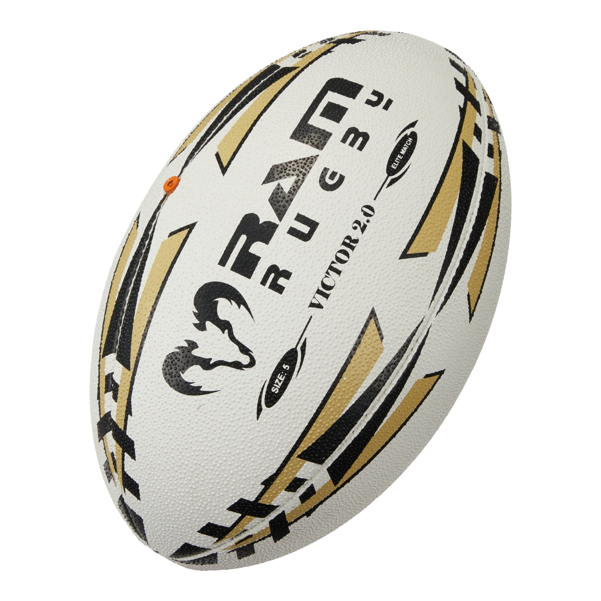 Ram Rugby Victor 2.0 Elite Match Rugby Ball with durable 4-ply polycotton and enhanced 3D grip for flight stability