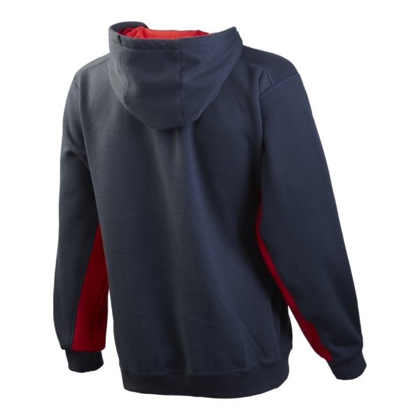 Ram Rugby women's navy and red hooded sweatshirt in cotton blend with kangaroo pocket and adjustable drawstring hood