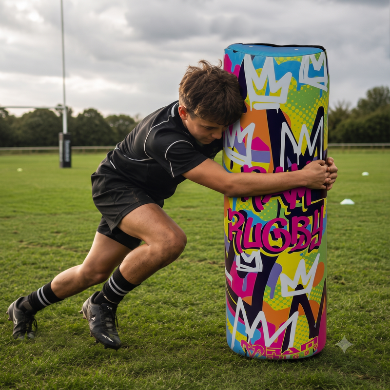 Junior player tackling a RAM Originals graffiti tackle bag