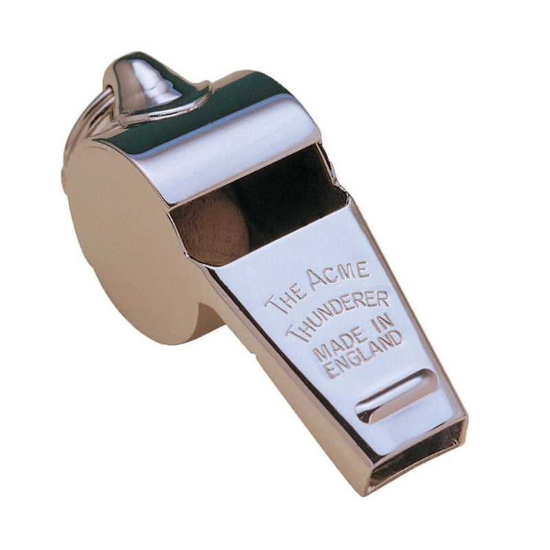 Classic silver metal whistle on a black cord showcased for the Referee Items collection, highlighting essential RAM Rugby equipment.