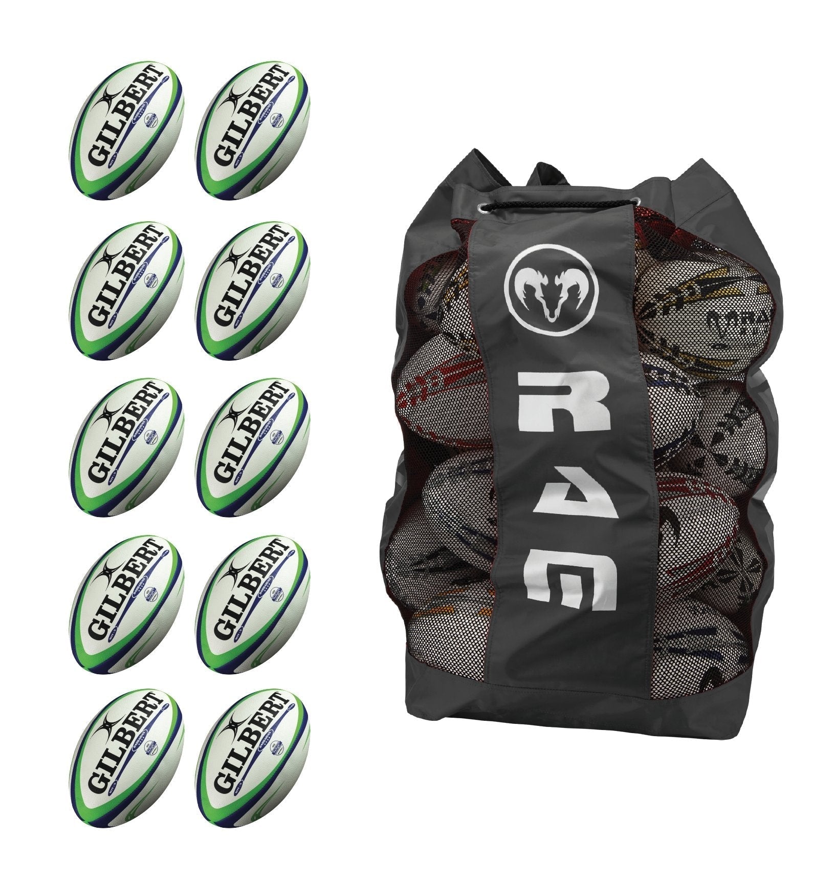 Gilbert Ball Bundles featuring the brand’s Gilbert Barbarian 20 rugby balls with a black carrying bag in white and red colors