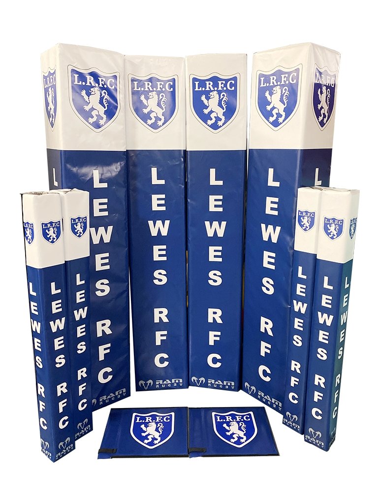 Rugby corner posts with bright red and white RAM Rugby protectors and rigid flags in Corner Posts - Protectors collection.