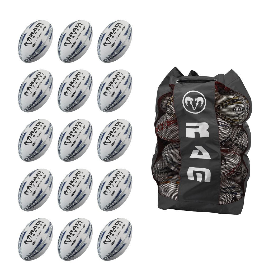 Raider 20 Black match balls with a mesh bag, showcasing Ball Bundles collection for soccer training and games.