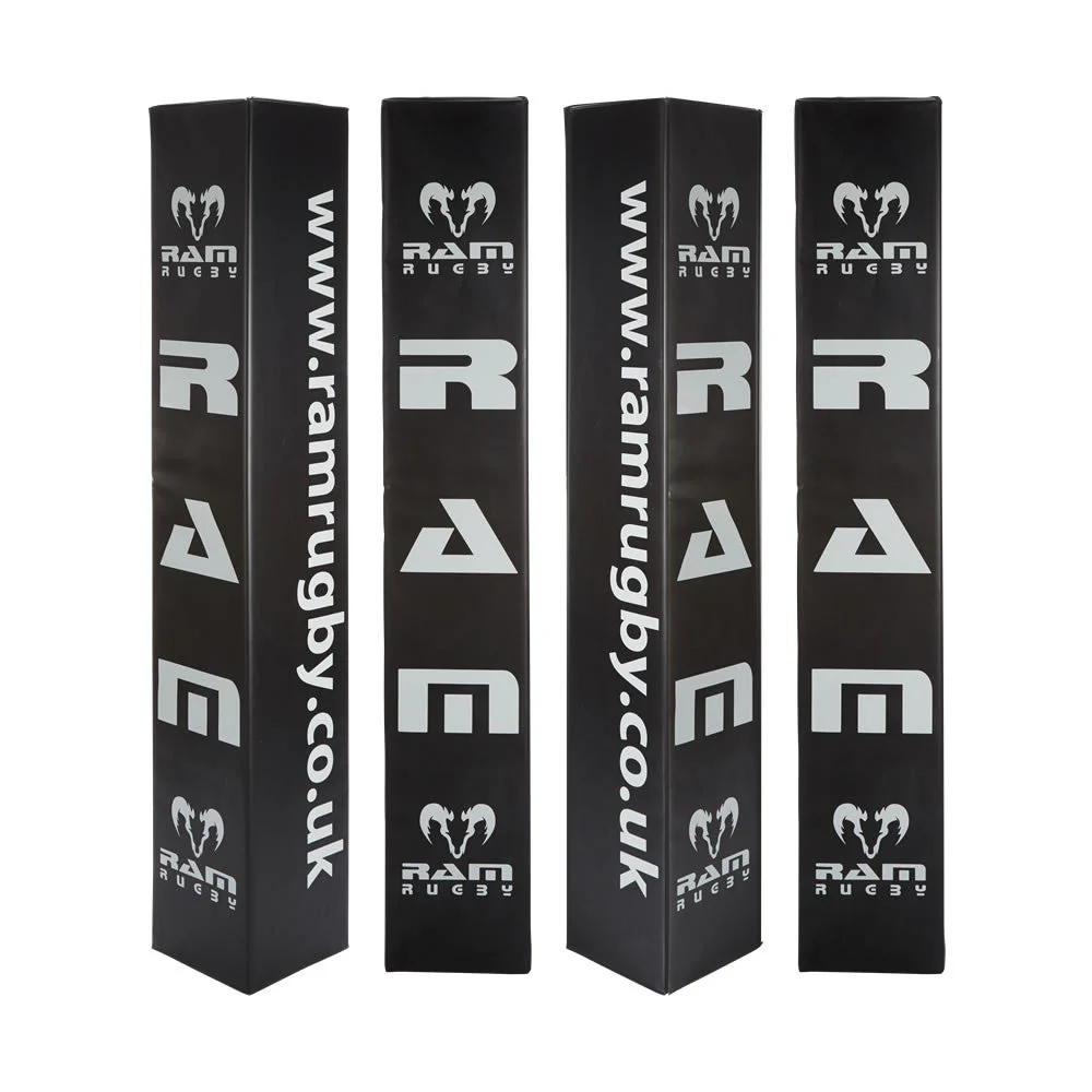 Rugby goal post covered with RAM Post Protector in blue durable foam, enhancing safety and professional pitch look